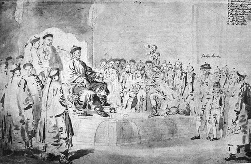 Lord Macartney Embassy To China 1793. Macartney's first meeting with Qianlong. The boy on the right is the eleven-year-old George Staunton who impressed the Emperor with his spoken Chinese (Wikimedia Commons) Lord Macartney Embassy To China 1793. Macartney's first meeting with Qianlong. The boy on the right is the eleven-year-old George Staunton who impressed the Emperor with his spoken Chinese (Wikimedia Commons)