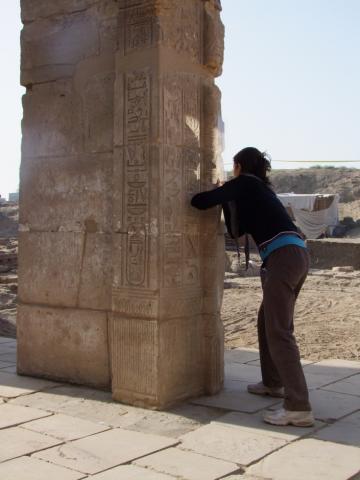 Doctoral student Chiara Salvador recording inscriptions in the temple of Ptah, Karnak (E. Frood) Doctoral student Chiara Salvador recording inscriptions in the temple of Ptah, Karnak (E. Frood)